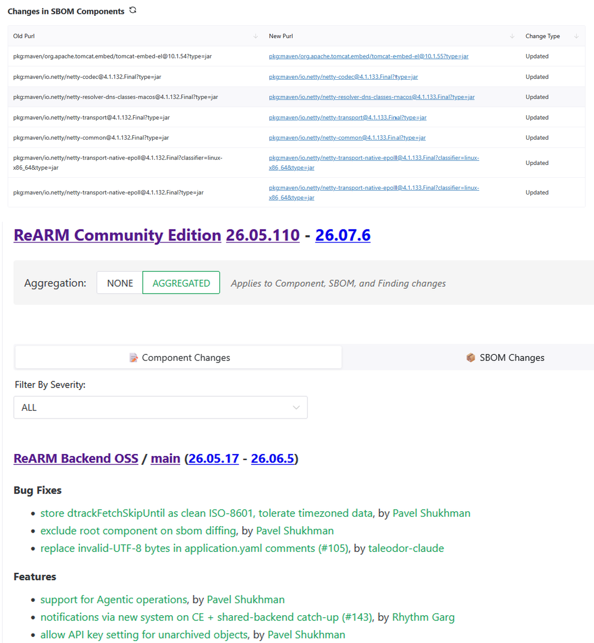 SCREENSHOT 1 + 3: SBOM diff between versions, changelog alongside