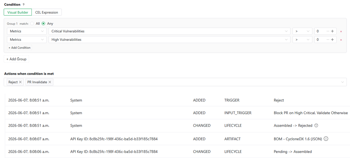 SCREENSHOT 5: rejected release + the policy rule that rejected it